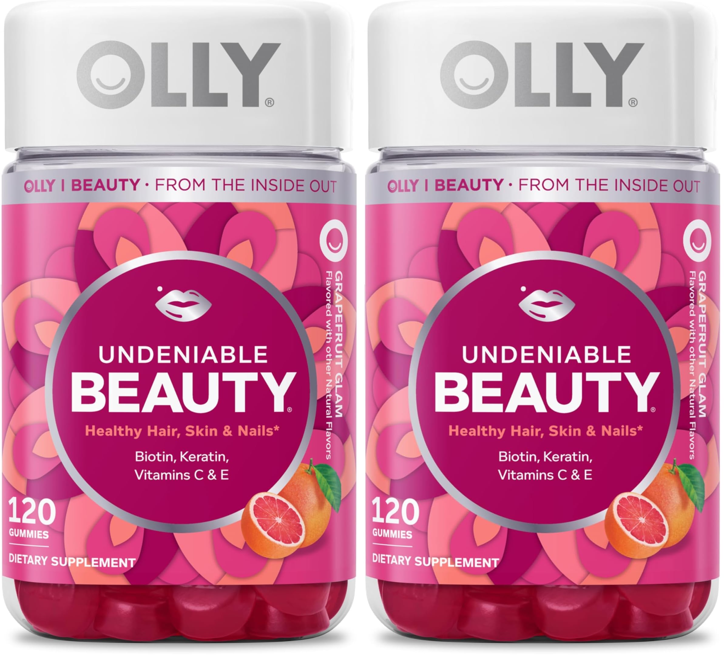 OLLY Undeniable Beauty Gummy, For Hair, Skin, Nails, Biotin, Vitamin C, Keratin, Chewable Supplement, Grapefruit, 30 Day Supply - 60 Count