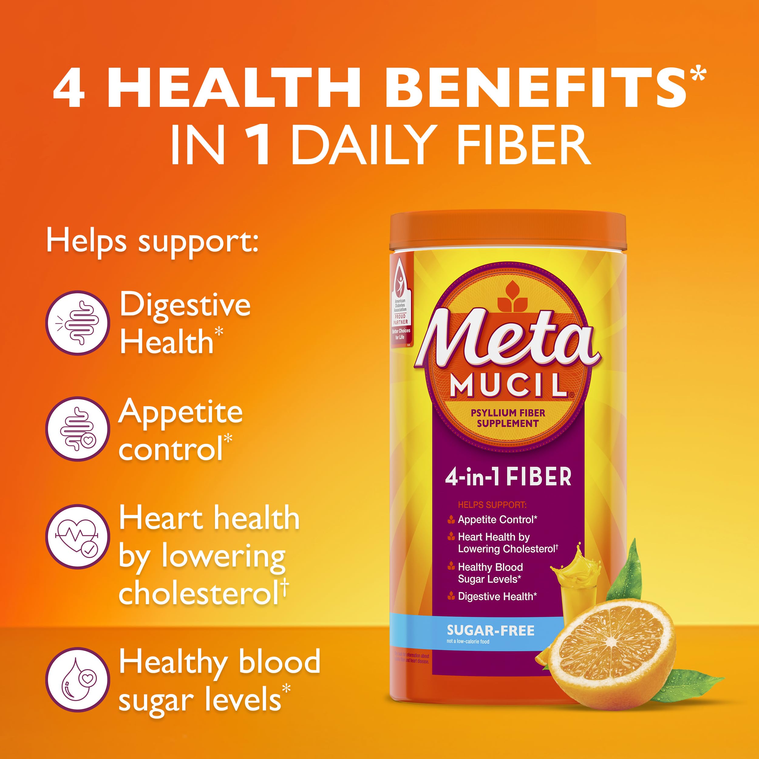 Metamucil 4-in-1 Psyllium Husk GLP-1 Friendly Fiber Supplement, Sugar-Free, 180 teaspoons, Orange Flavored, Daily Fiber Powder for Digestive Health, made with Plant-Based Psyllium Husk Fiber