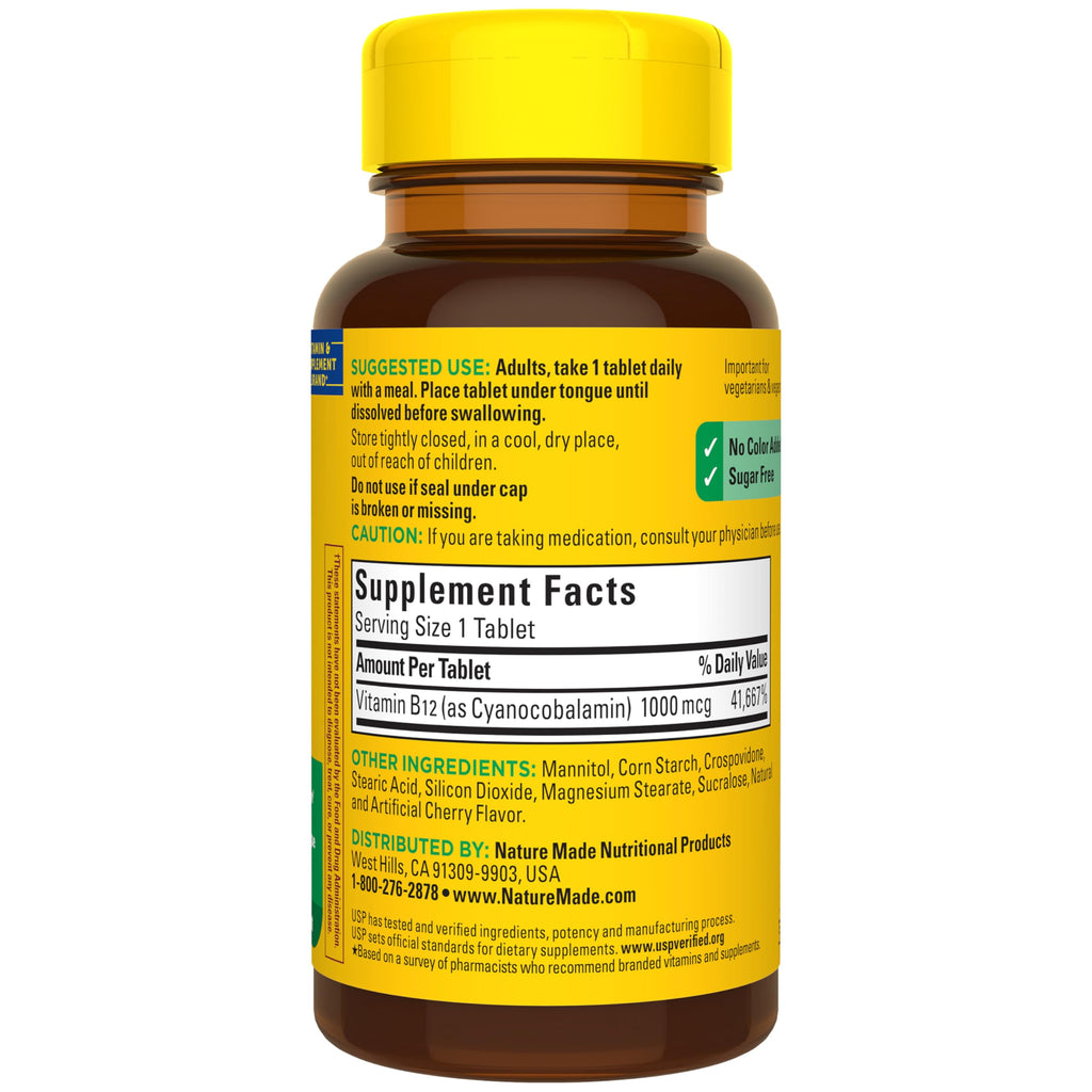 Nature Made Vitamin B12 1000 mcg, Easy to Take Vitamin B12 Sublingual Tablets for Energy Metabolism Support, 50 Sugar Free Fast Dissolve Tablets, 50 Day Supply