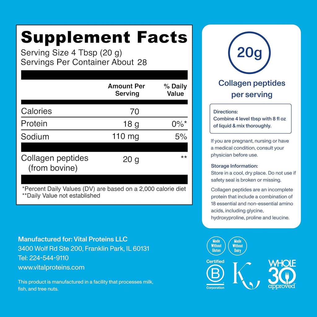 Vital Proteins Grass Fed Collagen Peptides Powder, Supports Hair, Skin, Nails, Bones, and Joints Health, Hydrolyzed Peptides - Zero Sugar, Unflavored, 20oz