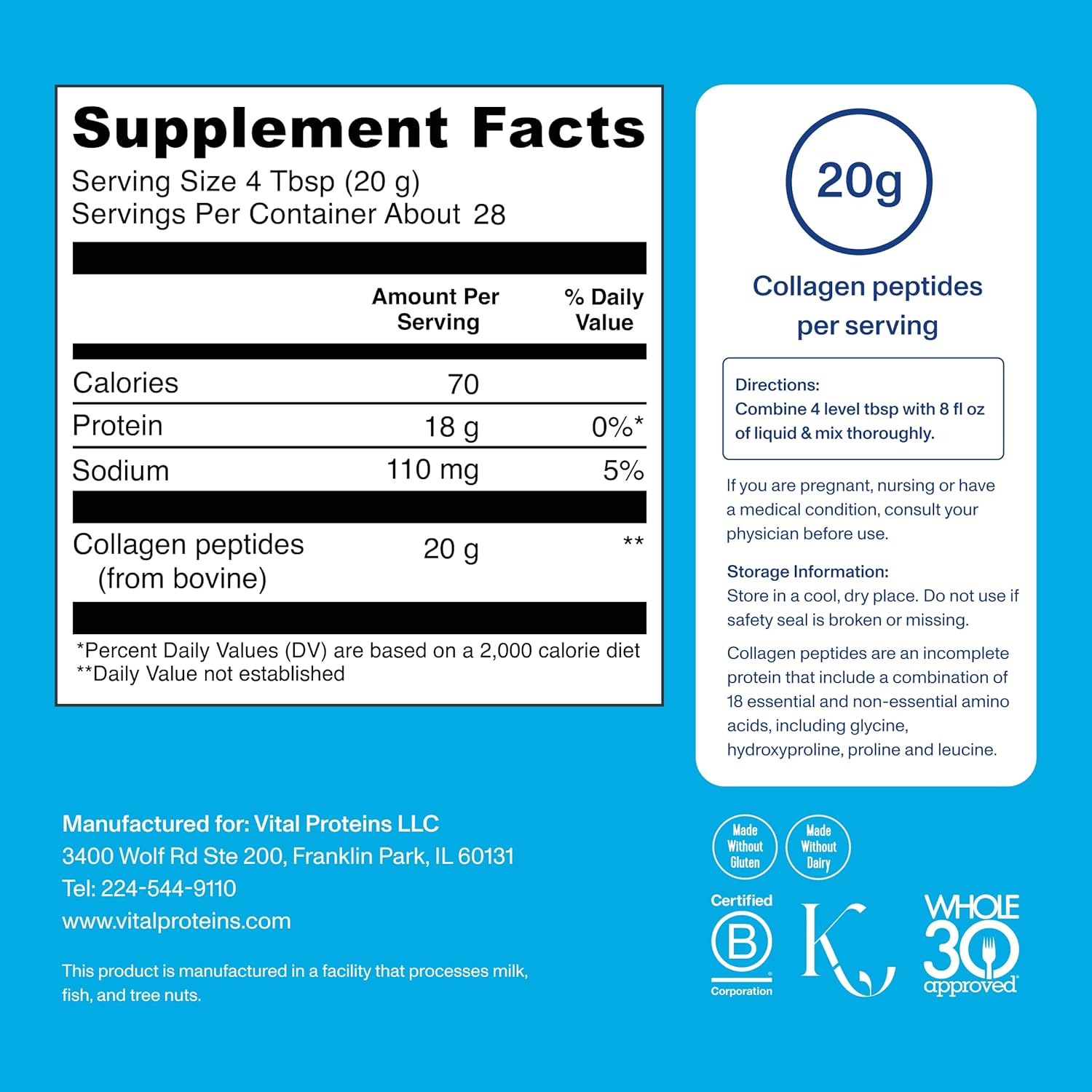 Vital Proteins Grass Fed Collagen Peptides Powder, Supports Hair, Skin, Nails, Bones, and Joints Health, Hydrolyzed Peptides - Zero Sugar, Unflavored, 20oz