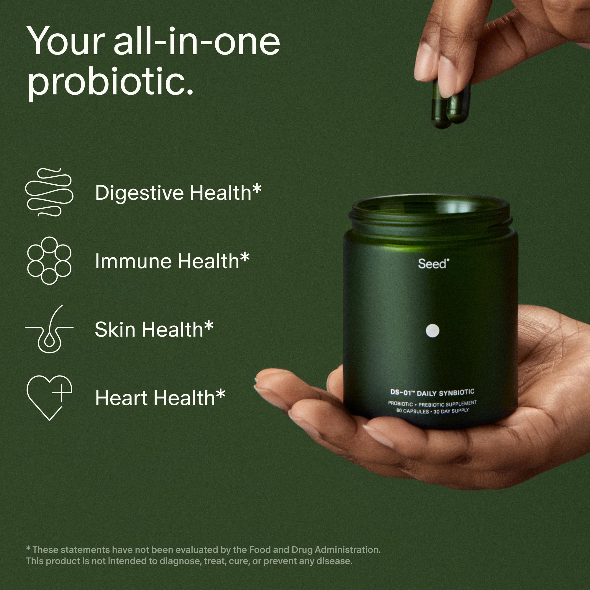 Seed DS-01 Daily Synbiotic - Prebiotic and Probiotic for Women & Men - Digestive Health, Gut Health, Immune Support, Bloating & Constipation Relief - Vegan & Shelf-Stable - 60 Capsules (30-Day Supply)