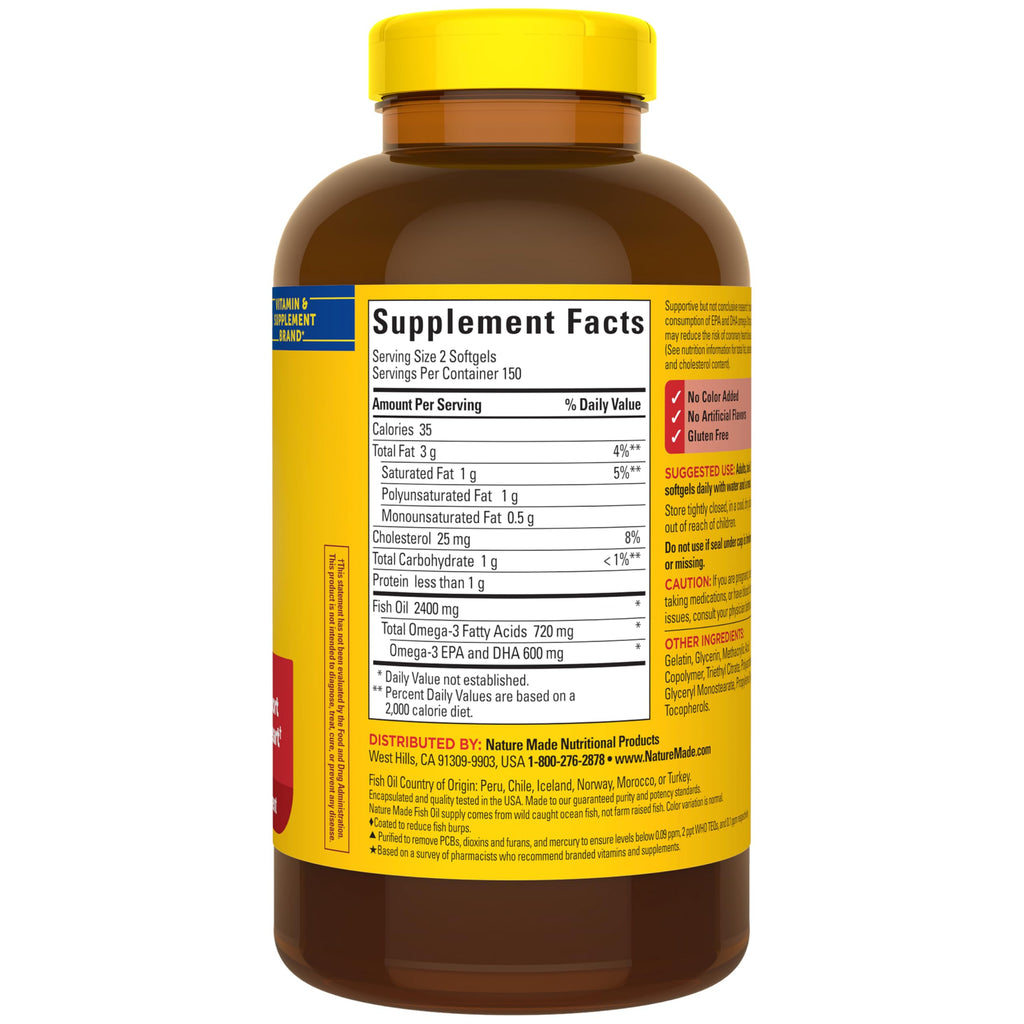 Nature Made Fish Oil Omega 3 Supplements, 1200 mg Softgels, Omega 3 Fish Oil for Healthy Heart Support, 230 Softgels, 115 Day Supply