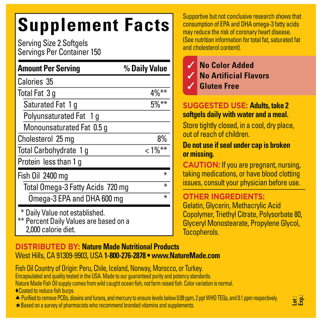 Nature Made Fish Oil Omega 3 Supplements, 1200 mg Softgels, Omega 3 Fish Oil for Healthy Heart Support, 230 Softgels, 115 Day Supply