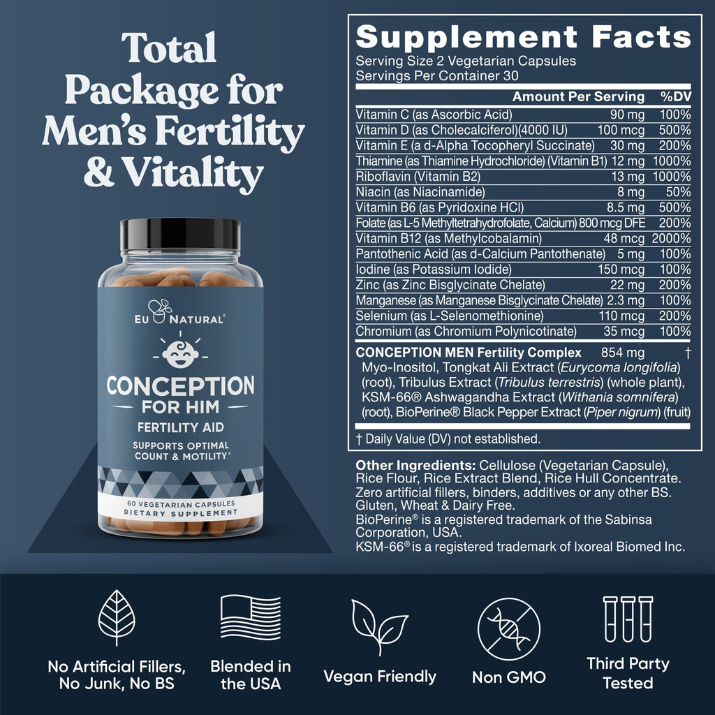 Eu Natural Conception for Her Fertility Supplements for Women - Ovulation, Hormonal Balance & Regular Cycle Support - Myo-Inositol, Folate, Shatavari & Vitex - 60 Vegetarian Capsules