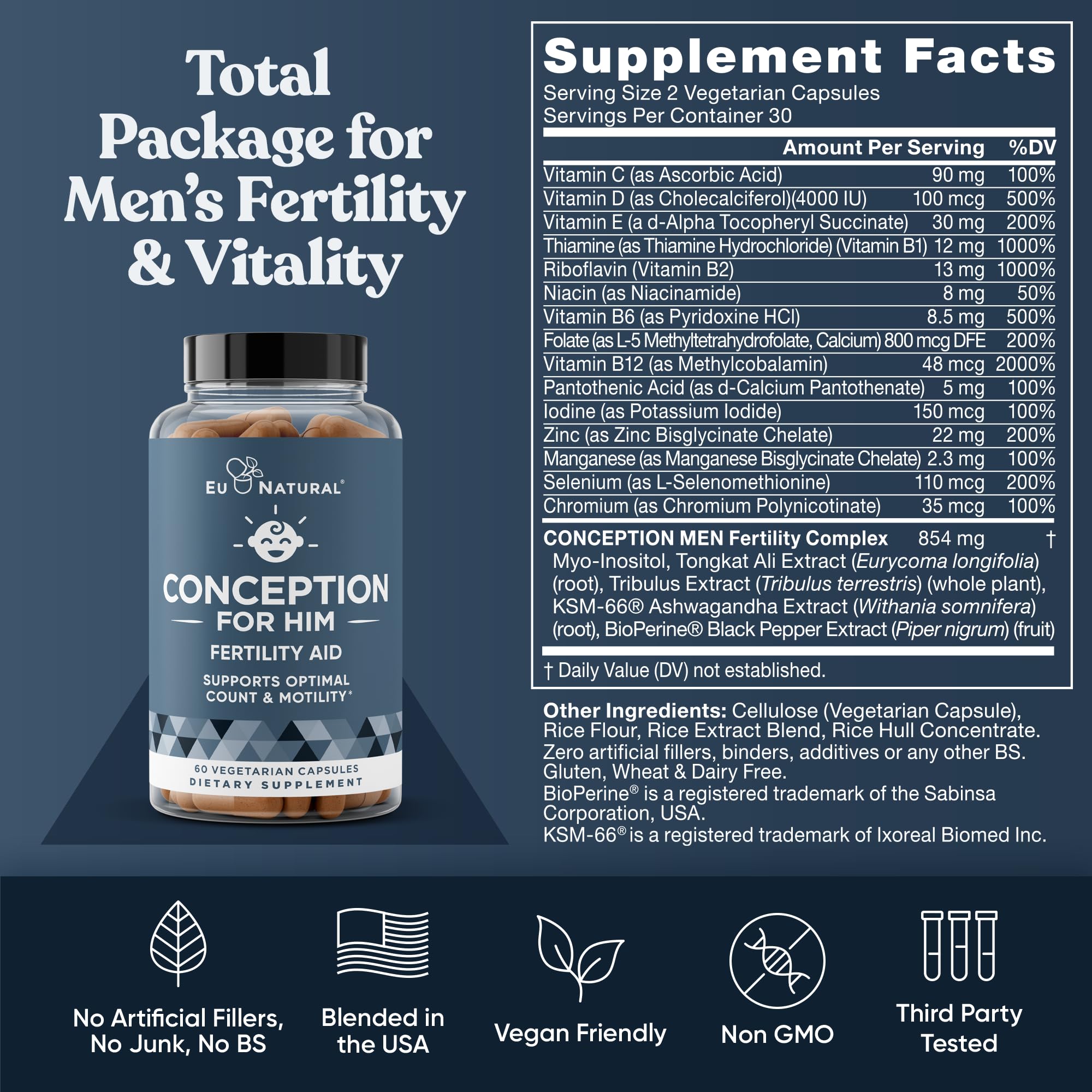 Eu Natural Conception for Her Fertility Supplements for Women - Ovulation, Hormonal Balance & Regular Cycle Support - Myo-Inositol, Folate, Shatavari & Vitex - 60 Vegetarian Capsules