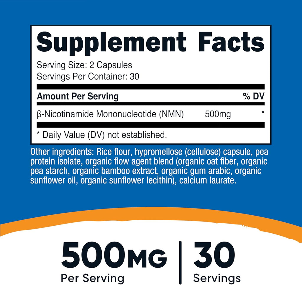 Nutricost NMN (Nicotinamide Mononucleotide) 500mg, 60 Capsules - Vegetarian Friendly, 30 Servings, Gluten Free, GMO Free