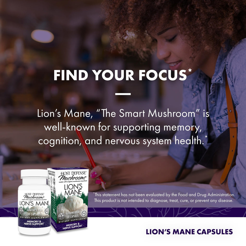 Host Defense Mushrooms Lion's Mane - Supplement Capsules for Brain Health Support - Mushroom Support for Focus & Memory Function - Immune & Nervous System Supplement - 60 Capsules