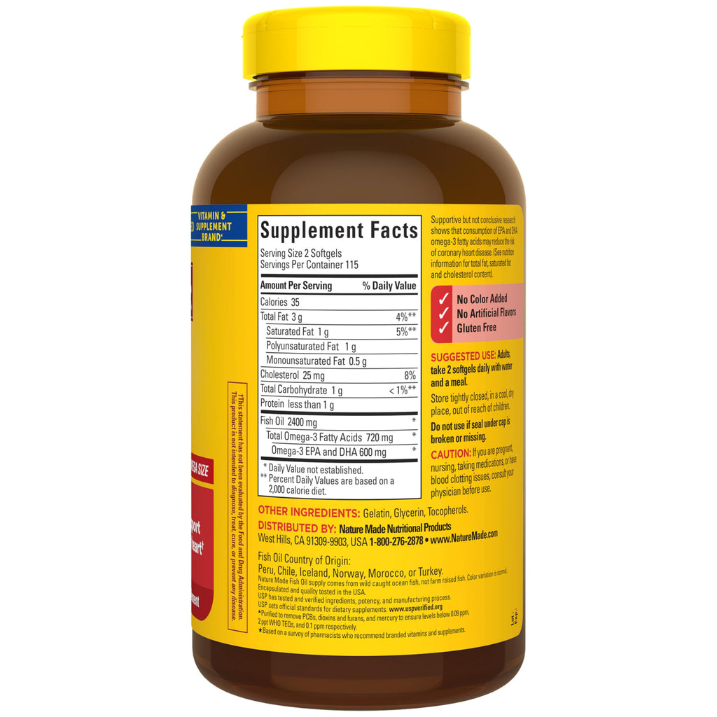 Nature Made Fish Oil Omega 3 Supplements, 1200 mg Softgels, Omega 3 Fish Oil for Healthy Heart Support, 230 Softgels, 115 Day Supply