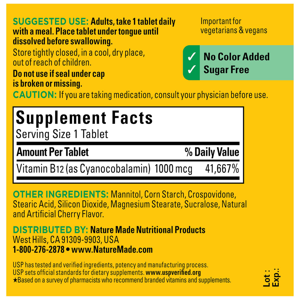 Nature Made Vitamin B12 1000 mcg, Easy to Take Vitamin B12 Sublingual Tablets for Energy Metabolism Support, 50 Sugar Free Fast Dissolve Tablets, 50 Day Supply