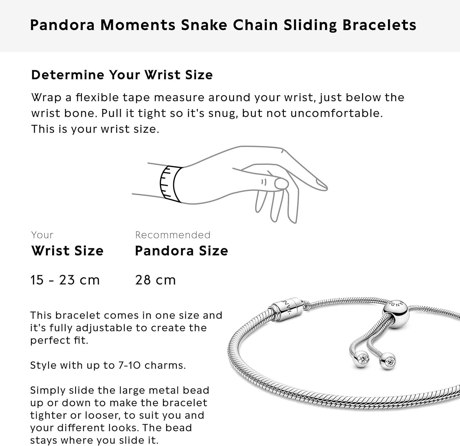 PANDORA Moments Snake Chain Slider Bracelet - Charm Bracelet for Women - Sterling Silver with Clear Cubic Zirconia - 11"