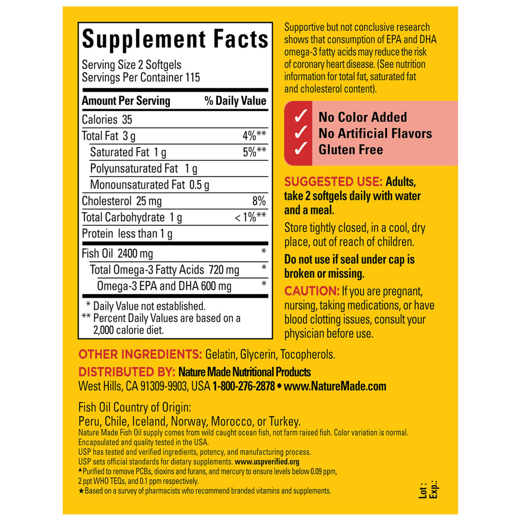 Nature Made Fish Oil Omega 3 Supplements, 1200 mg Softgels, Omega 3 Fish Oil for Healthy Heart Support, 230 Softgels, 115 Day Supply