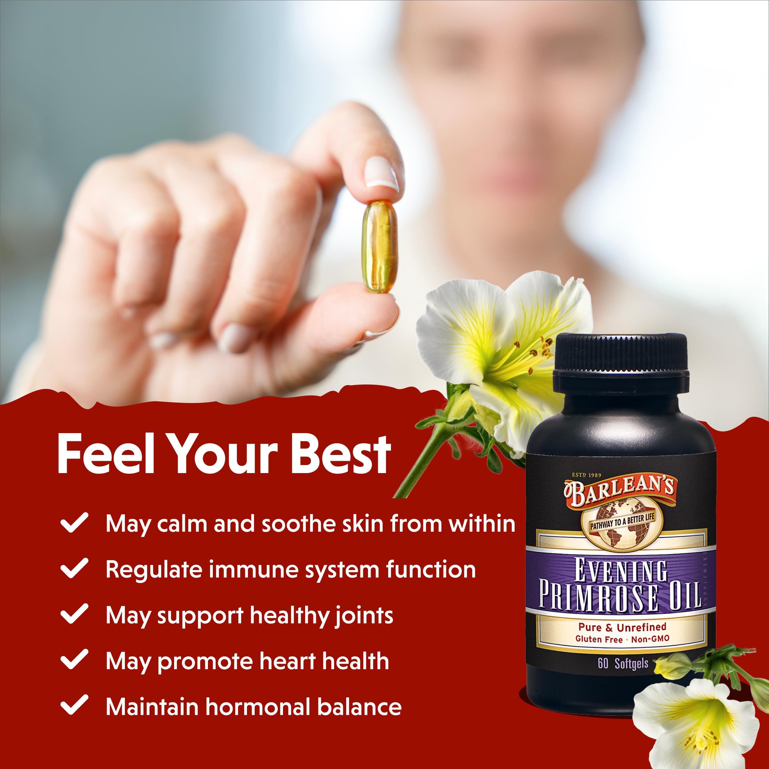 Barlean's Evening Primrose Oil Capsules, GLA Supplement for Men and Women, Healthy Skin, Immune Support and Bone Strength 1300mg Softgels, 120 Count