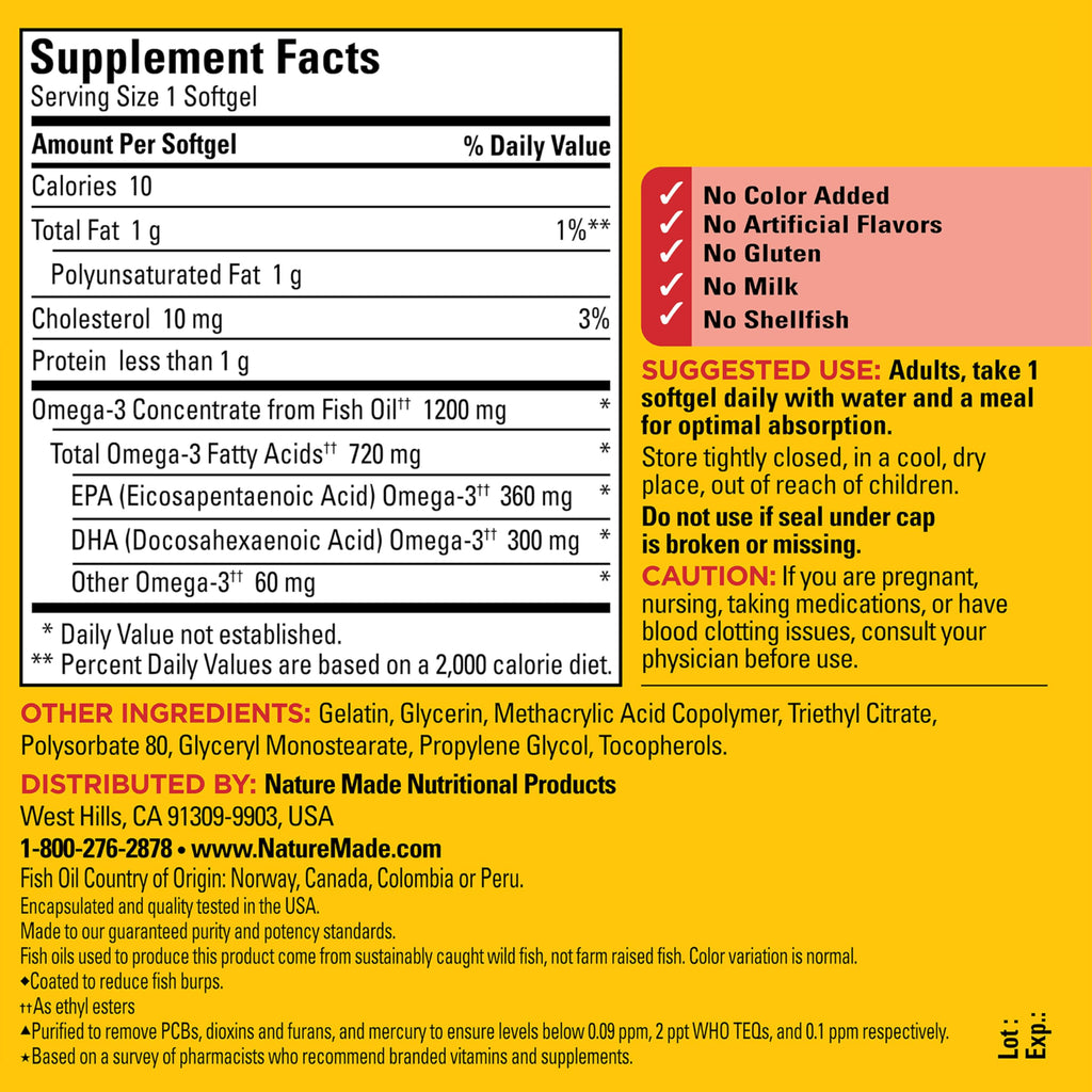 Nature Made Fish Oil Omega 3 Supplements, 1200 mg Softgels, Omega 3 Fish Oil for Healthy Heart Support, 230 Softgels, 115 Day Supply