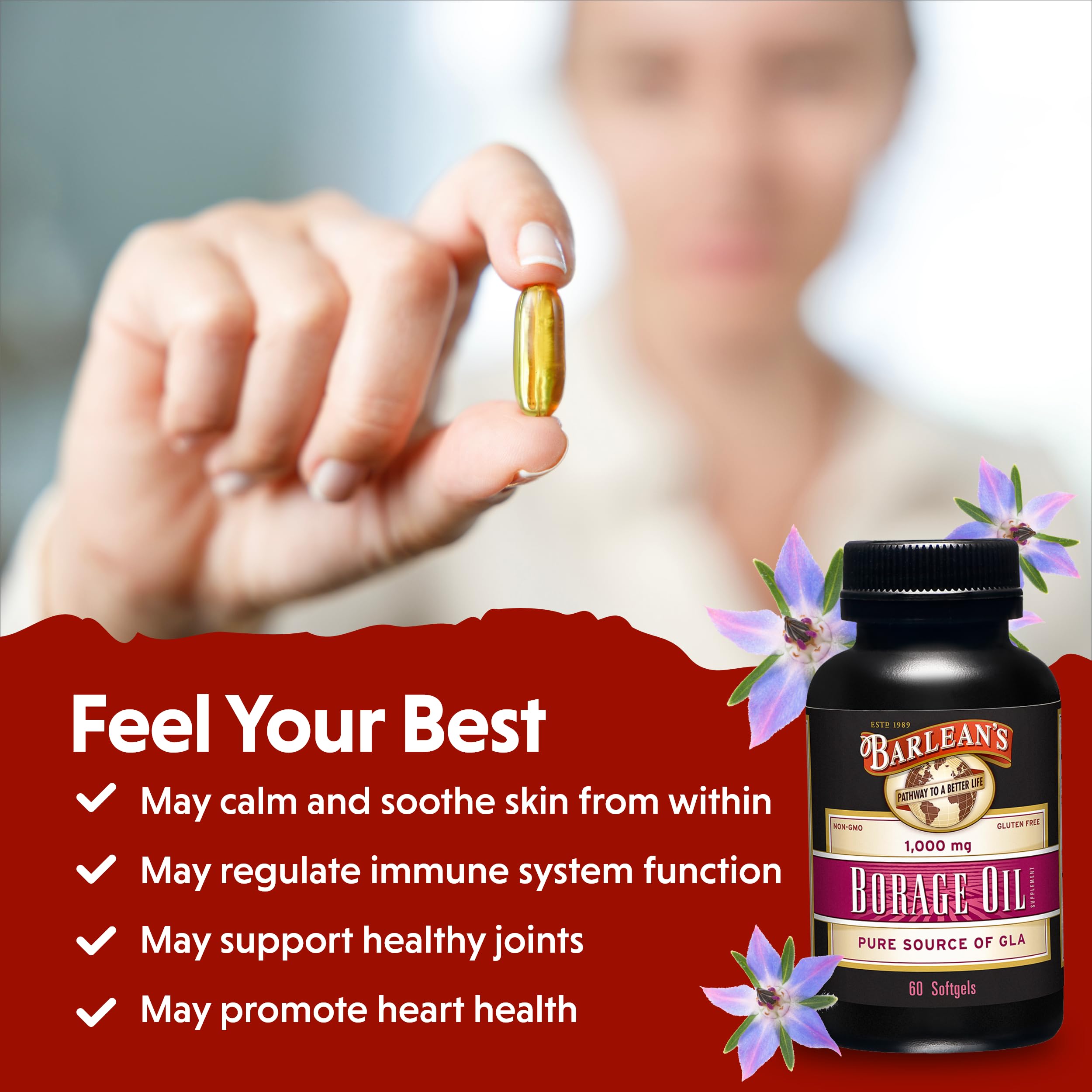 Barlean's Evening Primrose Oil Capsules, GLA Supplement for Men and Women, Healthy Skin, Immune Support and Bone Strength 1300mg Softgels, 120 Count