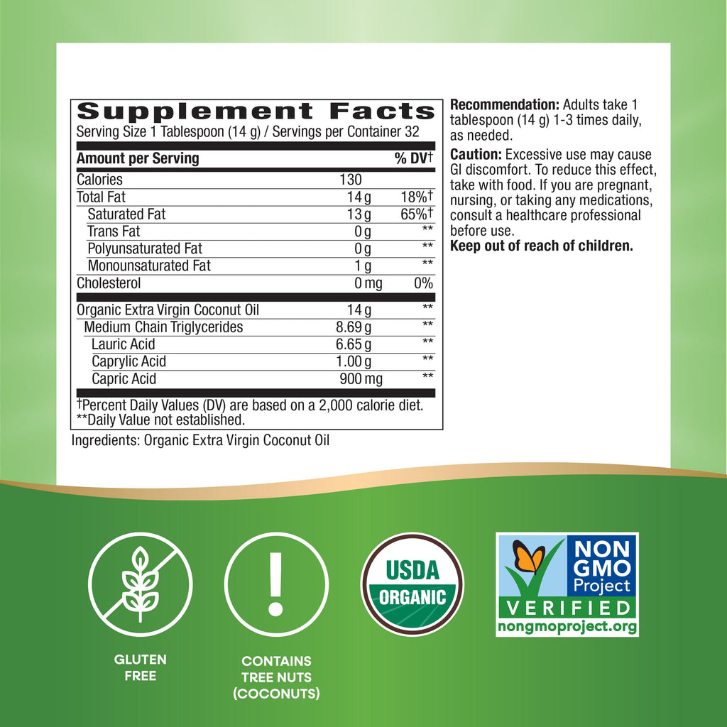 Nature's Way USDA Organic Extra Virgin Coconut Oil- Pure, Cold-Pressed, Non-GMO, 16 Ounces