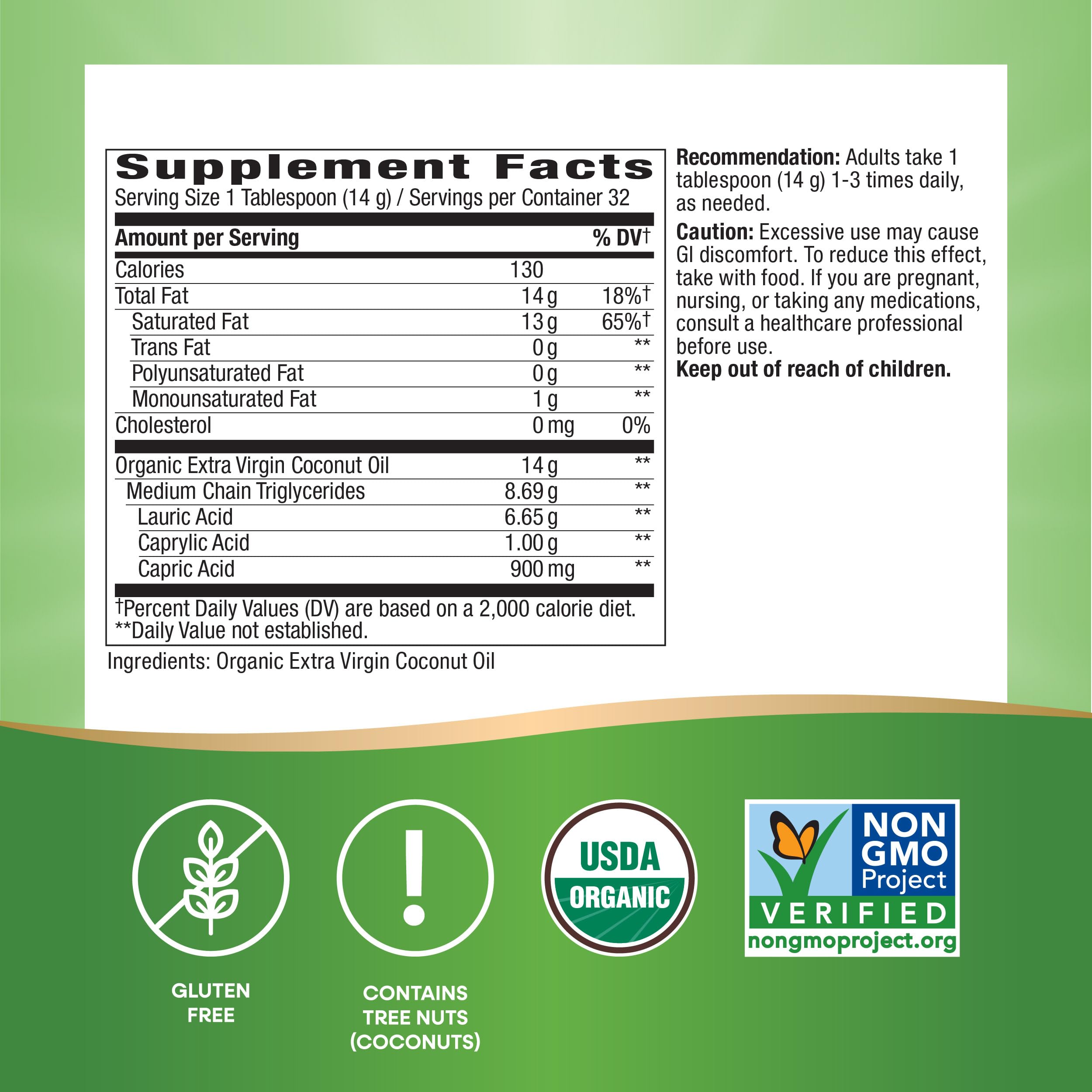 Nature's Way USDA Organic Extra Virgin Coconut Oil- Pure, Cold-Pressed, Non-GMO, 16 Ounces
