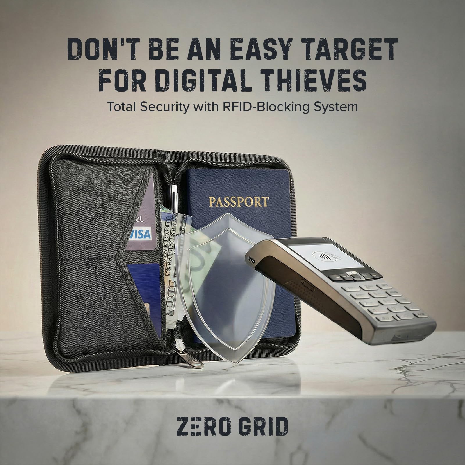 Zero Grid RFID Passport Holder & Travel Wallet, Zippered Wallet for Men & Women, Fits Passport, Cards, Cash, Tickets, ID, Sim Card; Premium & Compact Travel Document Holder - Midnight Black