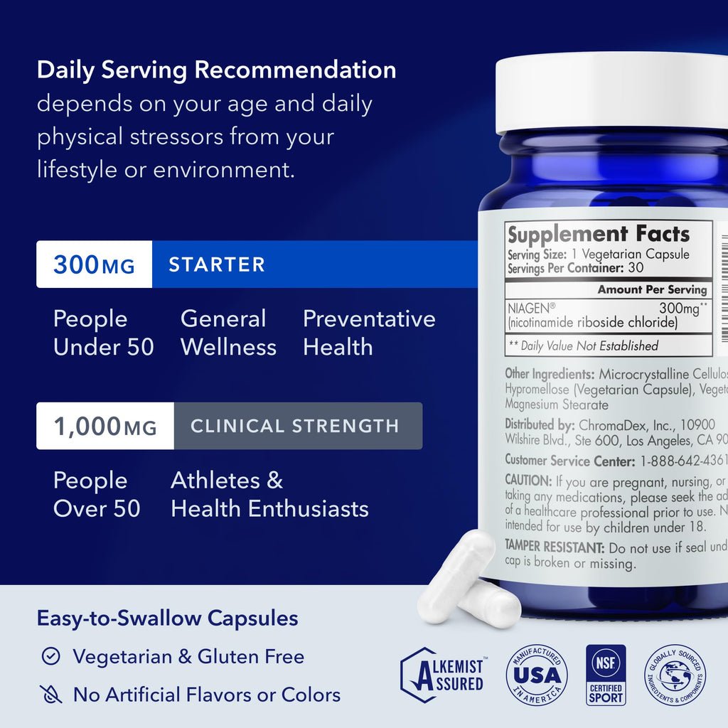 TRU NIAGEN Patented NAD Supplement for Brain Function, Anti Aging & Cell Regeneration, 300mg Niagen, 30 Servings | Supports Cellular Energy, Muscle | Nicotinamide Riboside (NR) Take 1 Daily | 1 Bottle