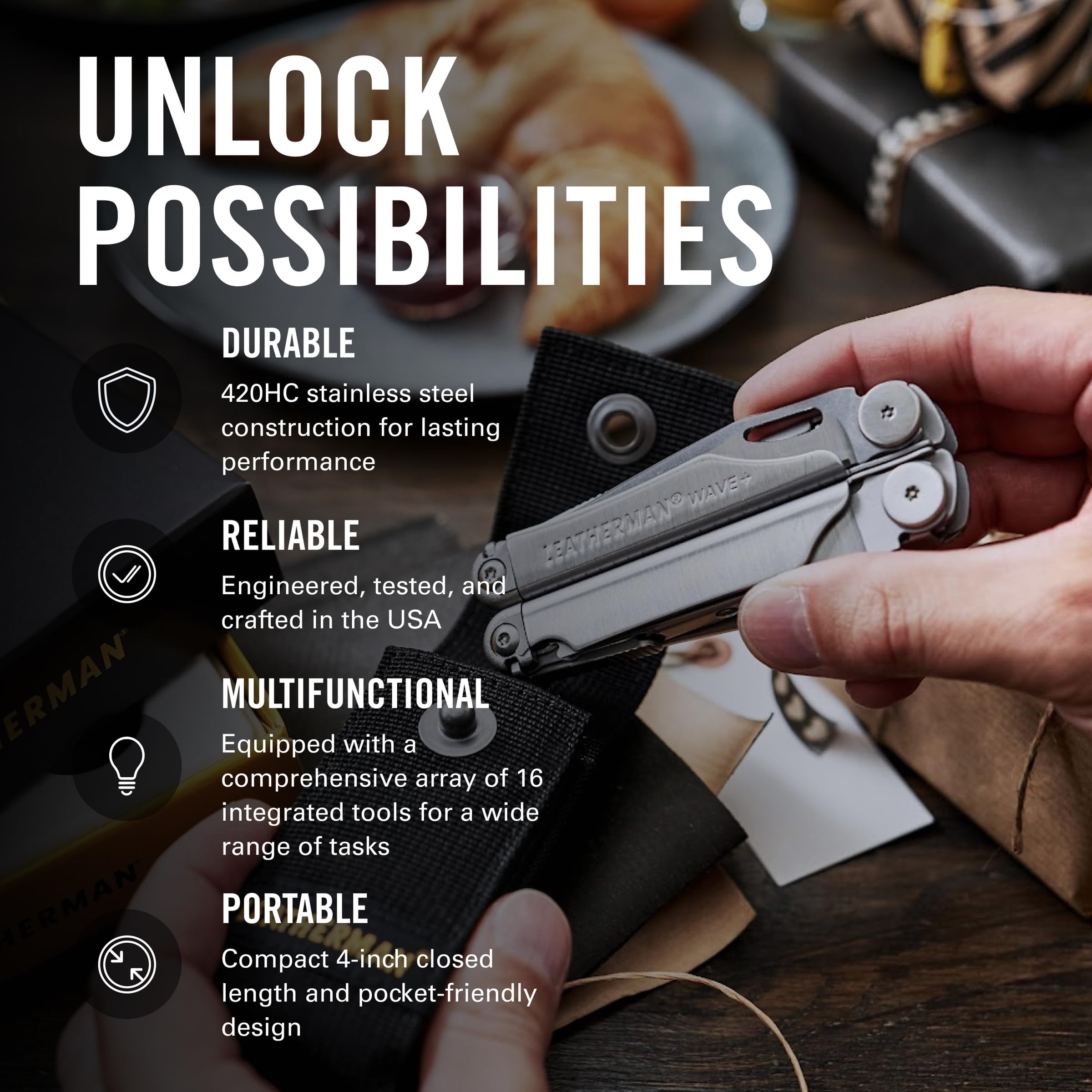 LEATHERMAN, Wave+, 18-in-1 Full-Size, Versatile Multi-tool for DIY, Home, Garden, Outdoors or Everyday Carry (EDC), Black