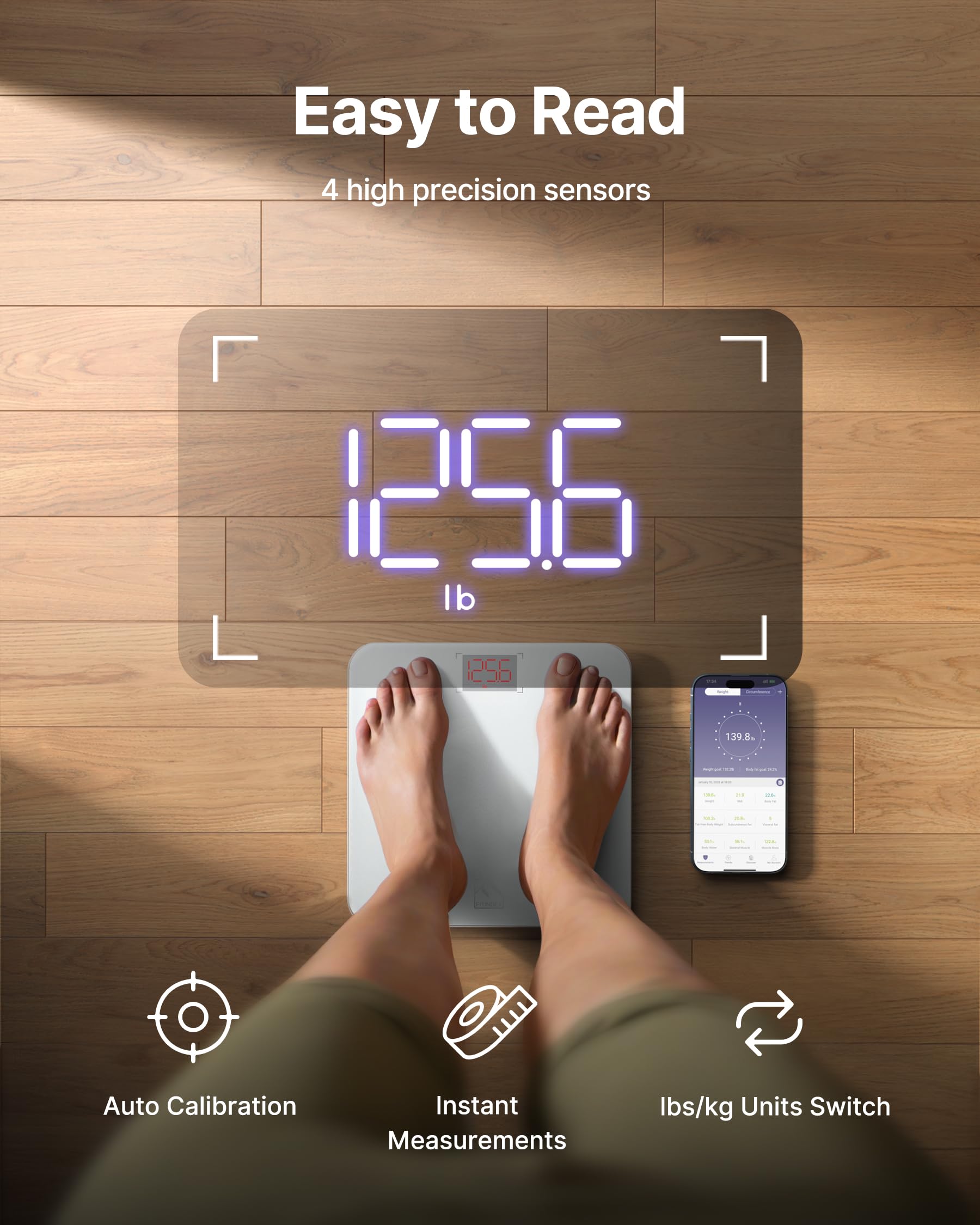 FITINDEX Smart Scale for Body Weight, Scale with BMI, Body Fat, Muscle Mass, Digital, Bathroom, Weighing, Bluetooth, Body Composition Monitor Health Analyzer with App, 400lb, Black