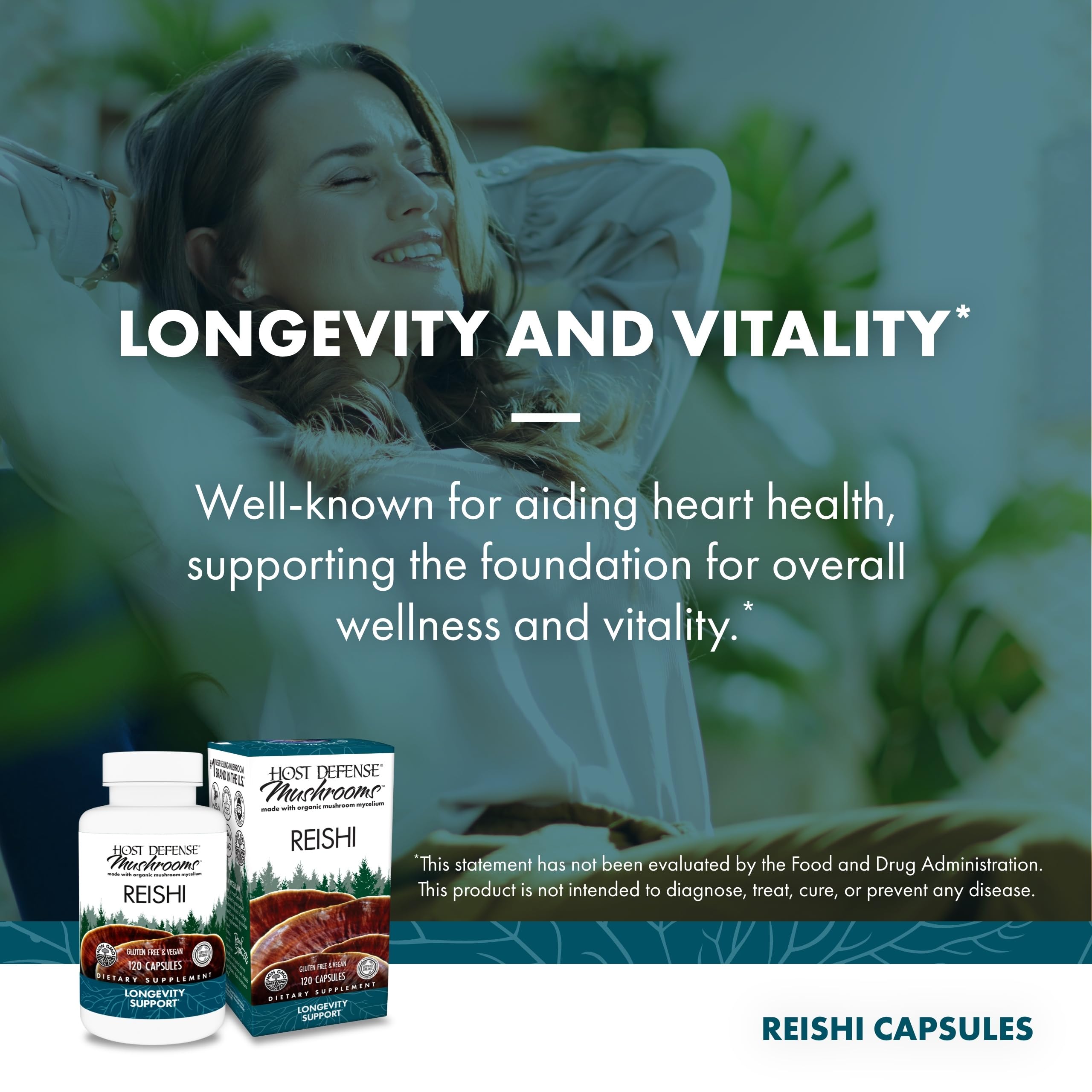 Host Defense Reishi Capsules - Heart & Immune Health Support Supplement - Mushroom Supplement to Support Energy & Vitality - Reishi Supplement to Aid Overall Well-Being - 120 Capsules