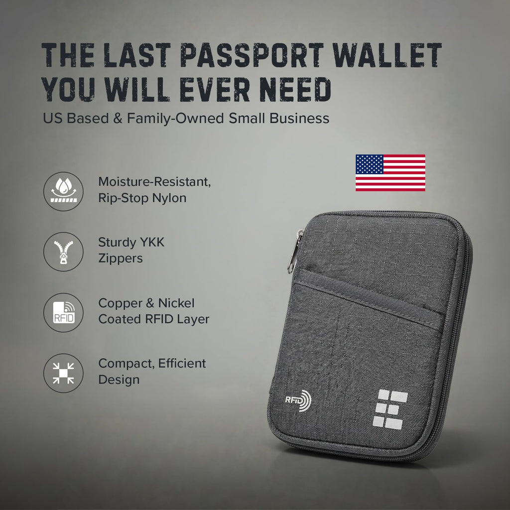 Zero Grid RFID Passport Holder & Travel Wallet, Zippered Wallet for Men & Women, Fits Passport, Cards, Cash, Tickets, ID, Sim Card; Premium & Compact Travel Document Holder - Midnight Black