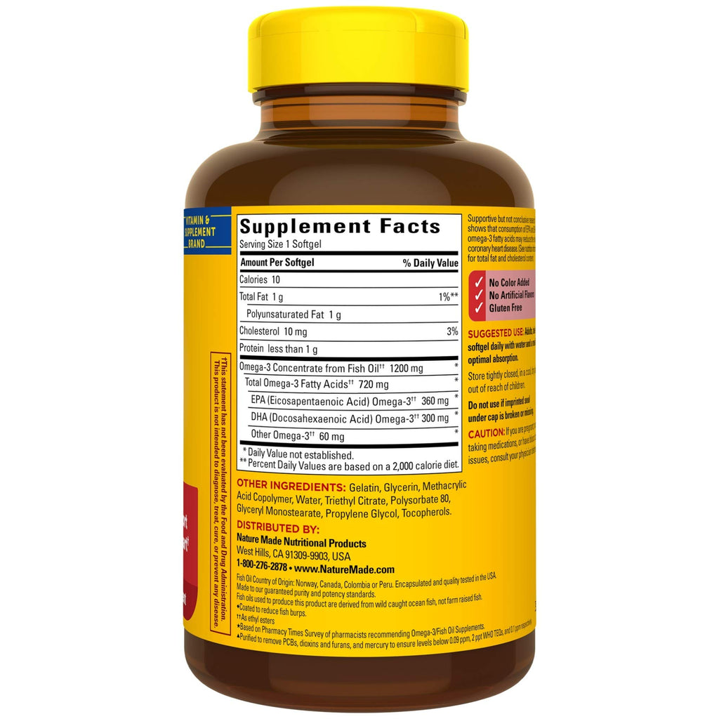 Nature Made Fish Oil Omega 3 Supplements, 1200 mg Softgels, Omega 3 Fish Oil for Healthy Heart Support, 230 Softgels, 115 Day Supply