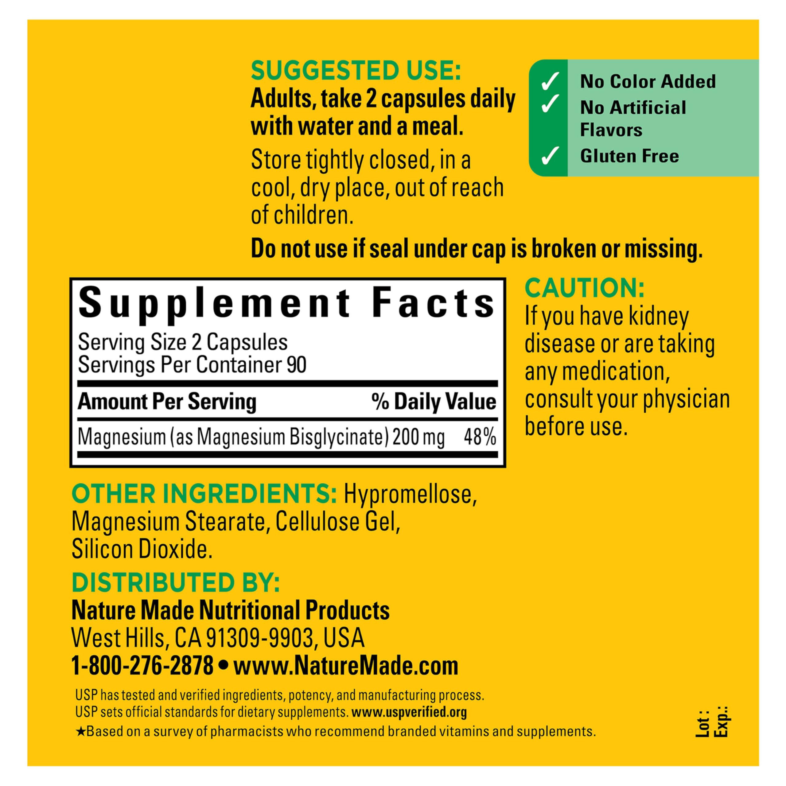 Nature Made Magnesium Glycinate 200 mg per Serving, Magnesium Supplement for Muscle, Heart, Nerve and Bone Support, 60 Magnesium Bisglycinate Capsules, 30 Day Supply