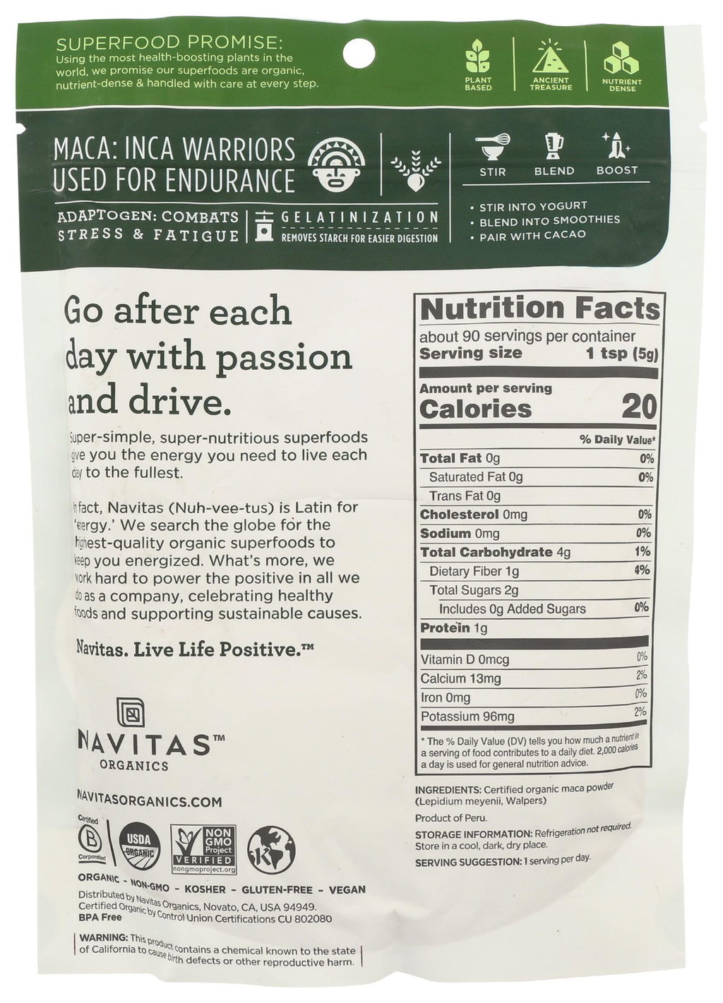 Navitas Organics Maca Powder – 100% Gelatinized Peruvian Maca for Adaptogen Smoothies, Lattes, Baking & More – Energize & Balance - USDA Organic, Non GMO, Vegan, Gluten Free (8oz. Bag, 45 Servings)