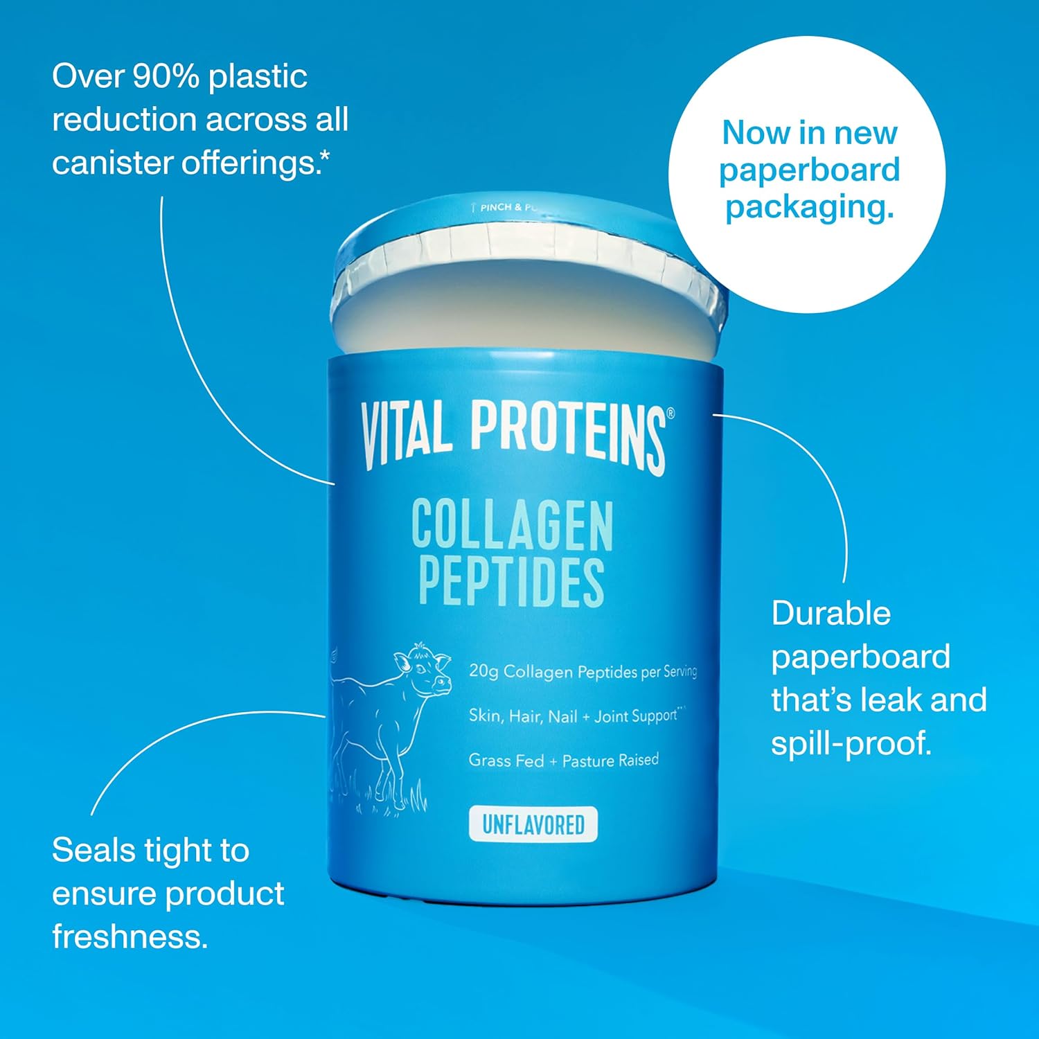Vital Proteins Grass Fed Collagen Peptides Powder, Supports Hair, Skin, Nails, Bones, and Joints Health, Hydrolyzed Peptides - Zero Sugar, Unflavored, 20oz