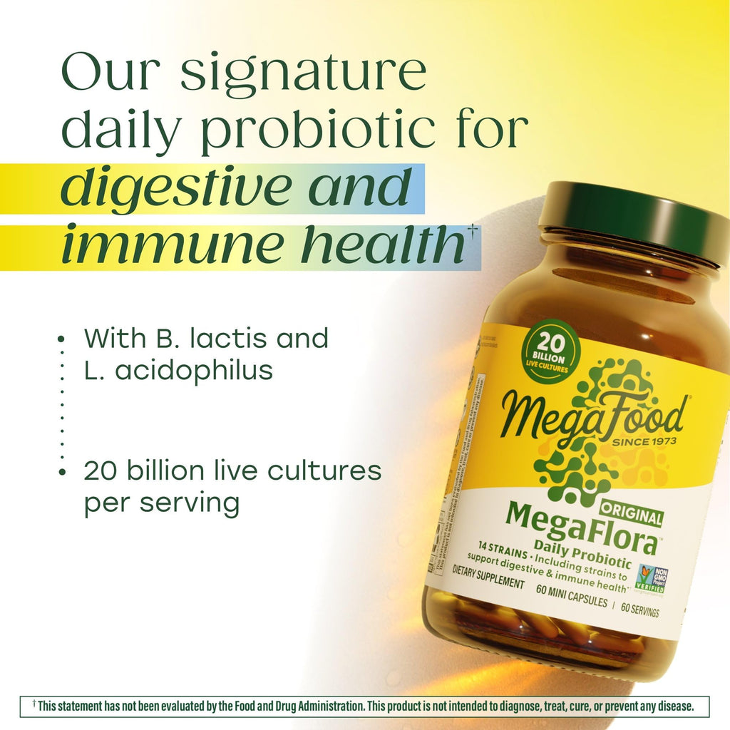 MegaFood MegaFlora Probiotic - Probiotics for Women Digestive Health - Immune Support Supplement - 20 Billion CFU - 14 Strains - Non-GMO - Vegetarian - 60 Mini Capsules (60 Servings)