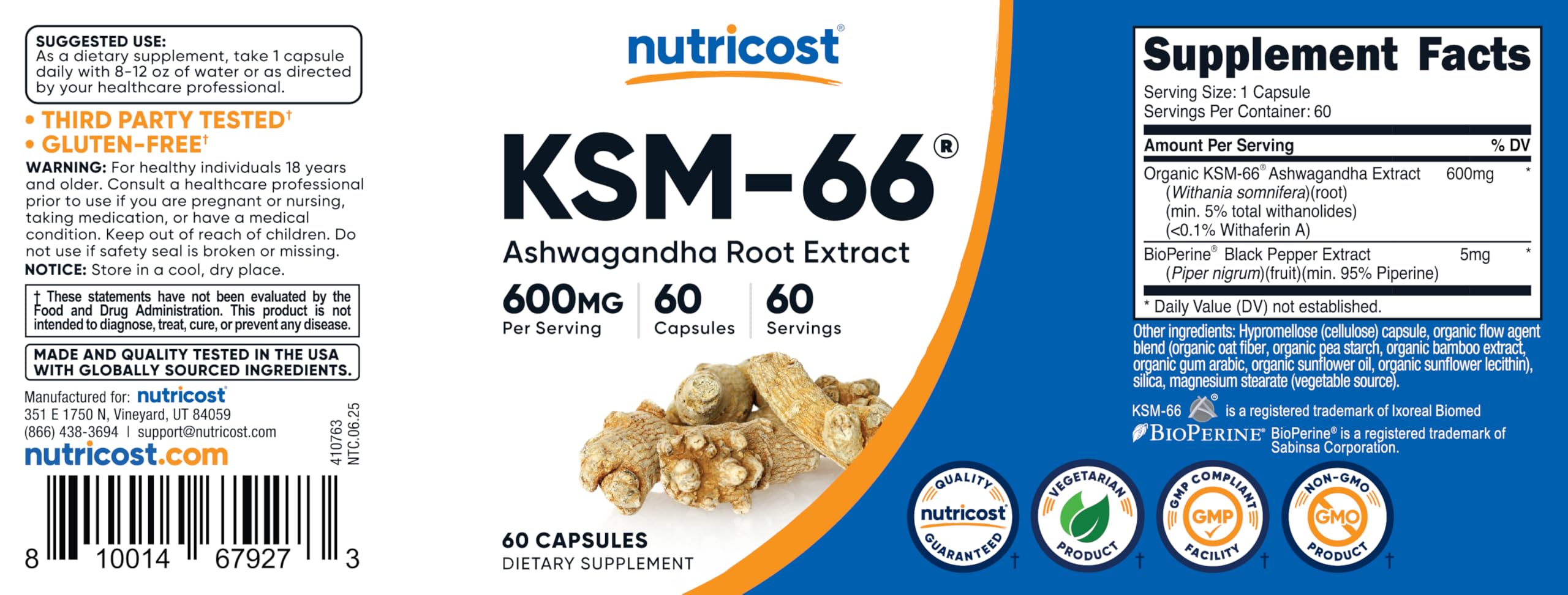 Nutricost KSM-66 Ashwagandha Root Extract 600mg, 60 Veggie Caps - 5% Withanolides - with BioPerine - Full-Spectrum Root Extract