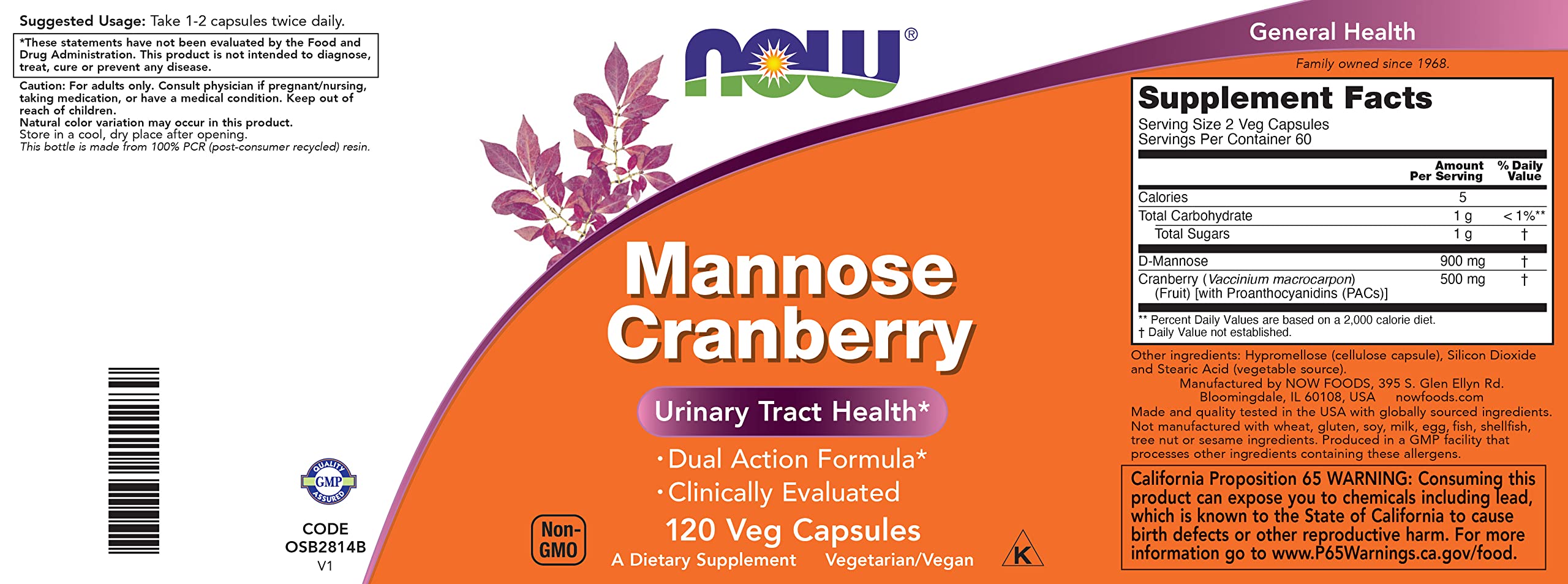 NOW Foods Supplements, Mannose Cranberry, Dual Action Formula*, Clinically Evaluated, Urinary Tract Health*, 90 Veg Capsules