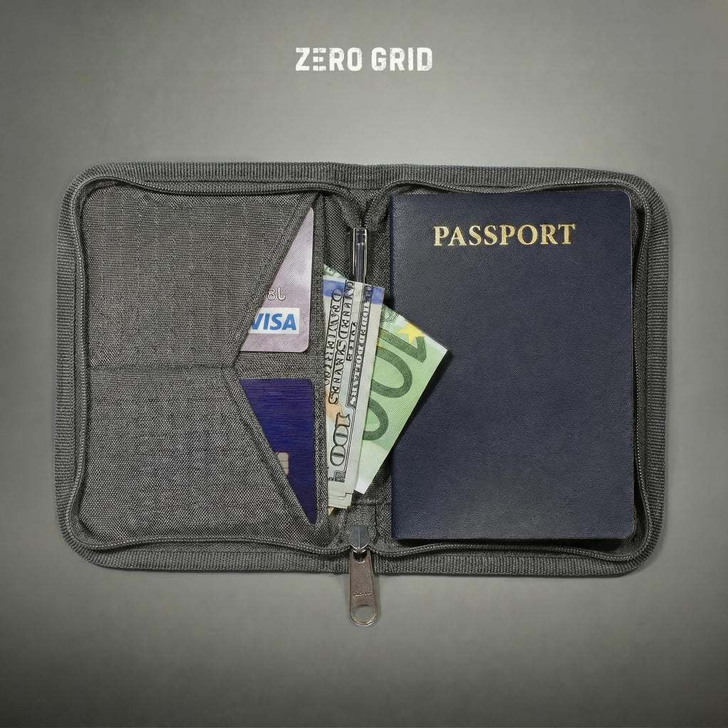 Zero Grid RFID Passport Holder & Travel Wallet, Zippered Wallet for Men & Women, Fits Passport, Cards, Cash, Tickets, ID, Sim Card; Premium & Compact Travel Document Holder - Midnight Black