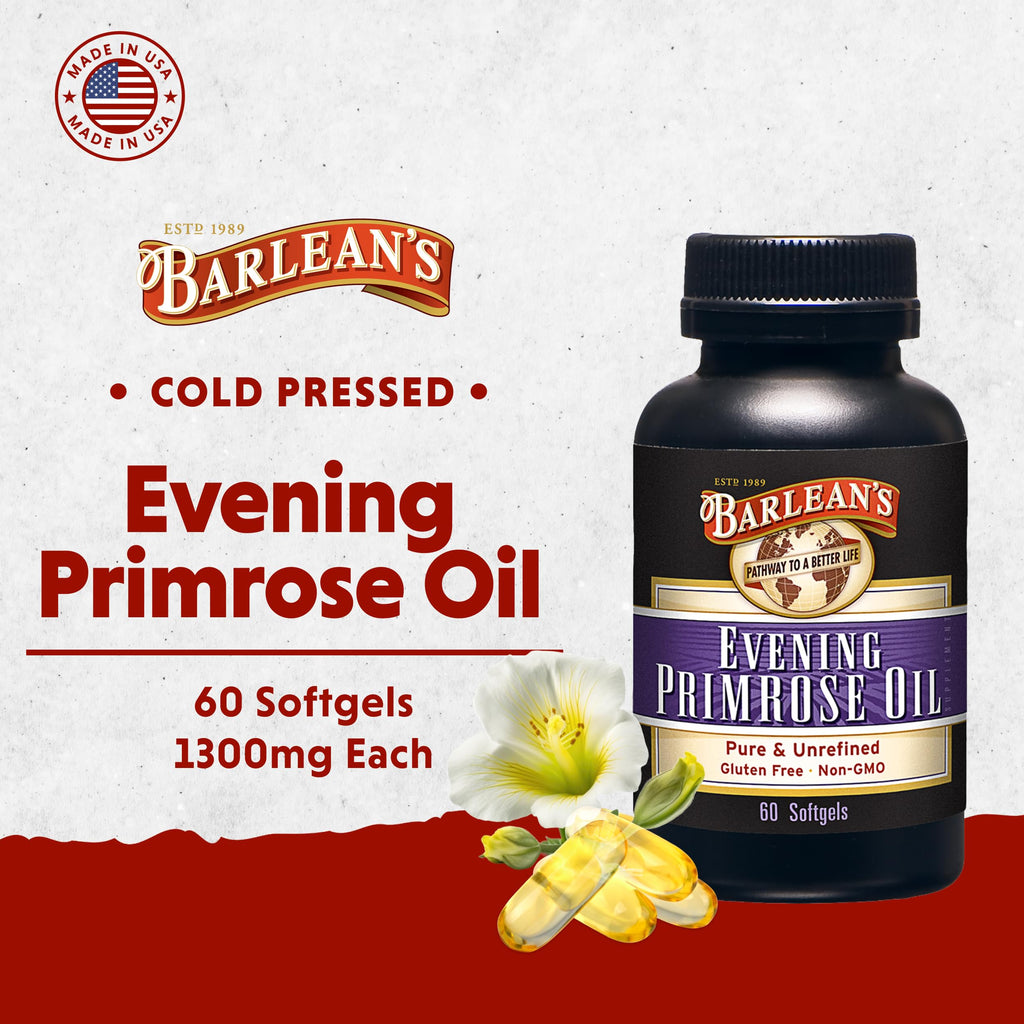 Barlean's Evening Primrose Oil Capsules, GLA Supplement for Men and Women, Healthy Skin, Immune Support and Bone Strength 1300mg Softgels, 120 Count