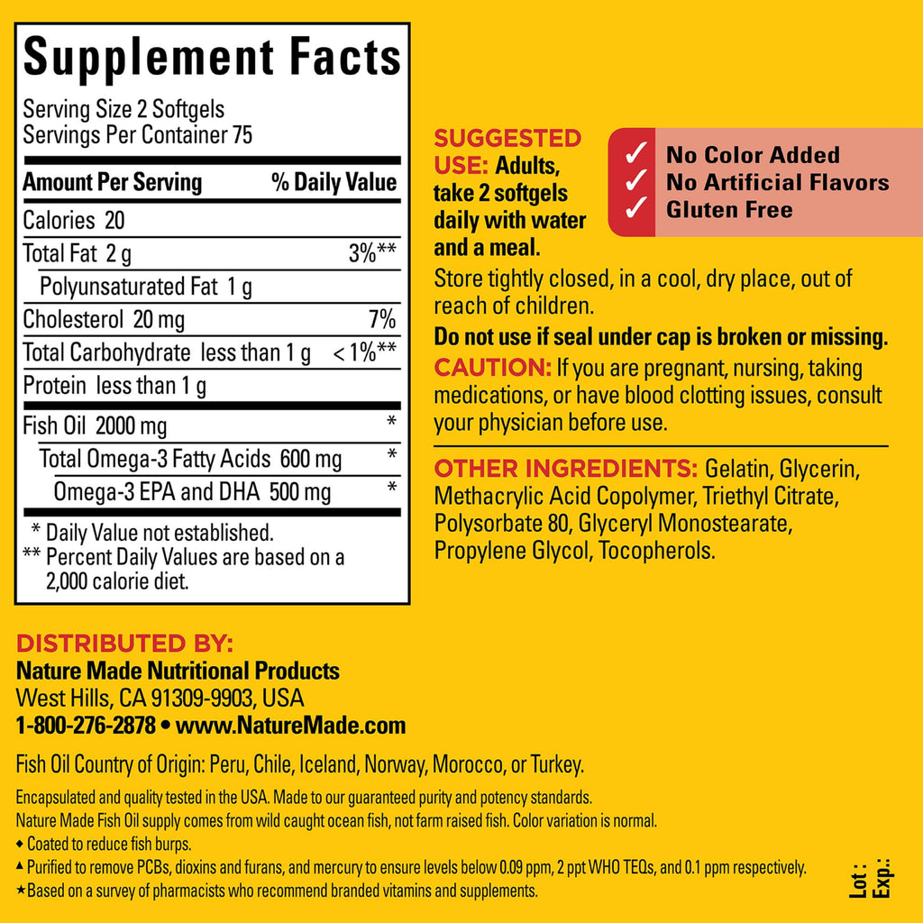Nature Made Fish Oil Omega 3 Supplements, 1200 mg Softgels, Omega 3 Fish Oil for Healthy Heart Support, 230 Softgels, 115 Day Supply