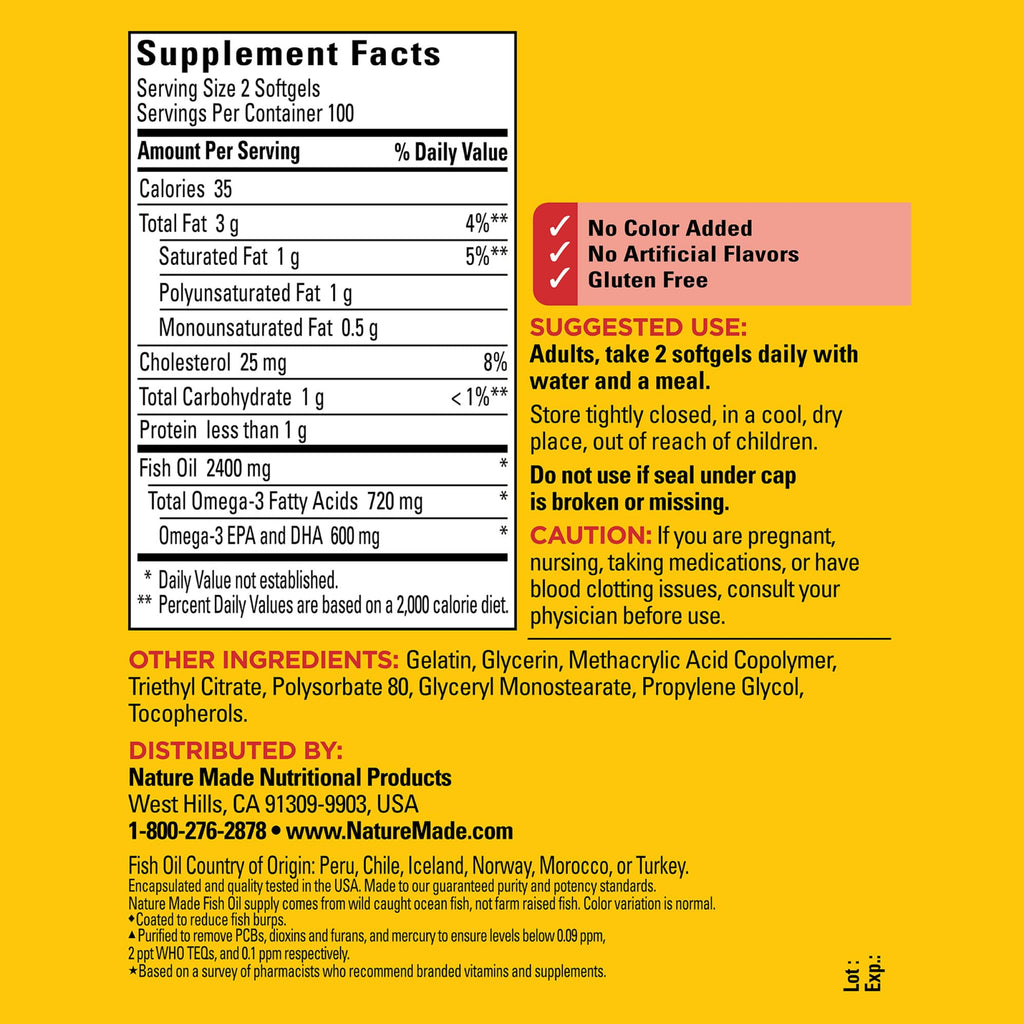 Nature Made Fish Oil Omega 3 Supplements, 1200 mg Softgels, Omega 3 Fish Oil for Healthy Heart Support, 230 Softgels, 115 Day Supply