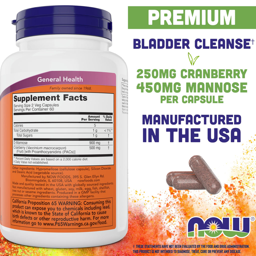 NOW Foods Supplements, Mannose Cranberry, Dual Action Formula*, Clinically Evaluated, Urinary Tract Health*, 90 Veg Capsules