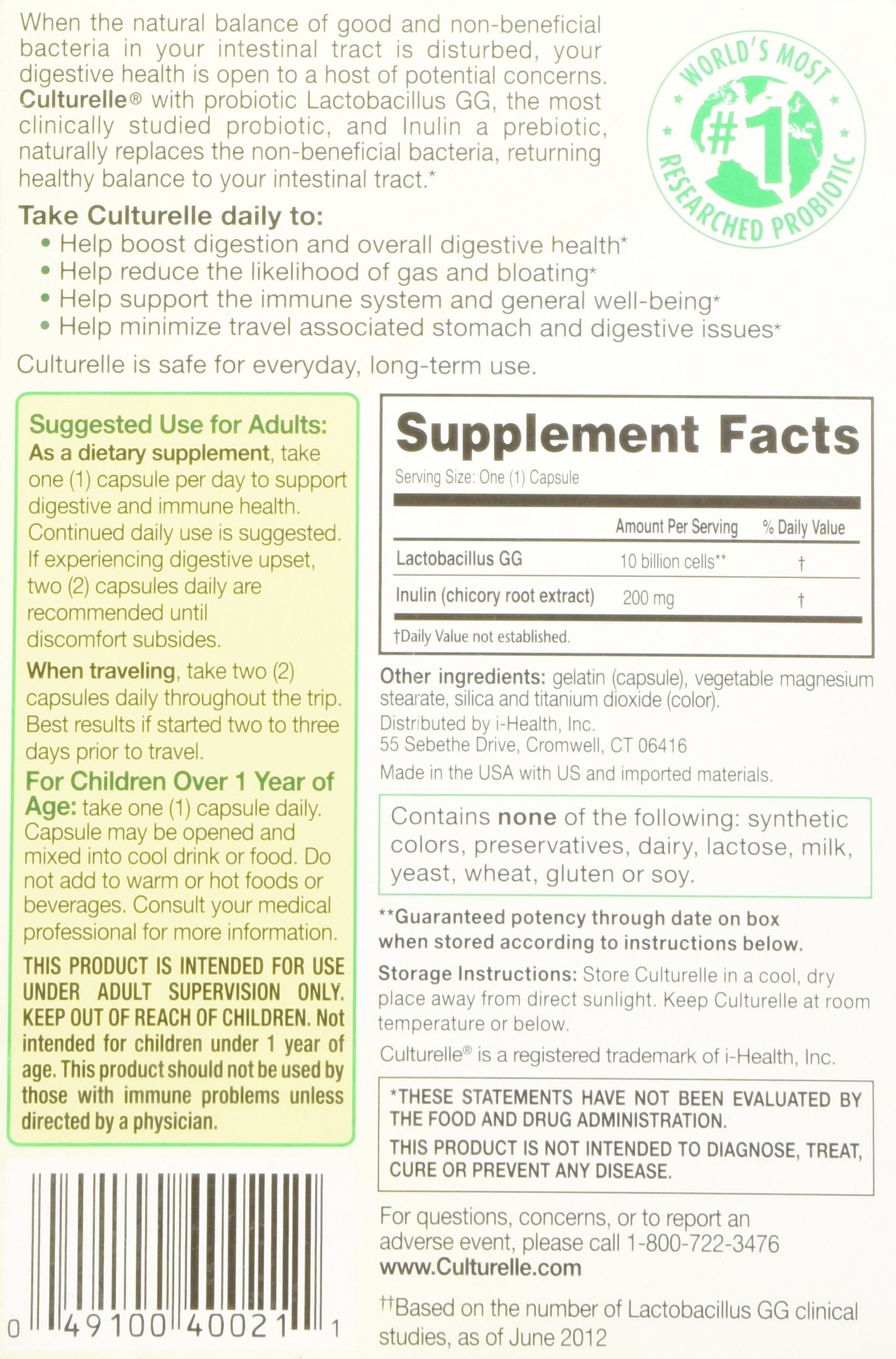 Culturelle Daily Probiotic Capsules For Men & Women, Most Clinically Studied Probiotic Strain, Digestive & Gut Health, Supports Occasional Diarrhea, Gas & Bloating, 1 Month Supply, 30 CT