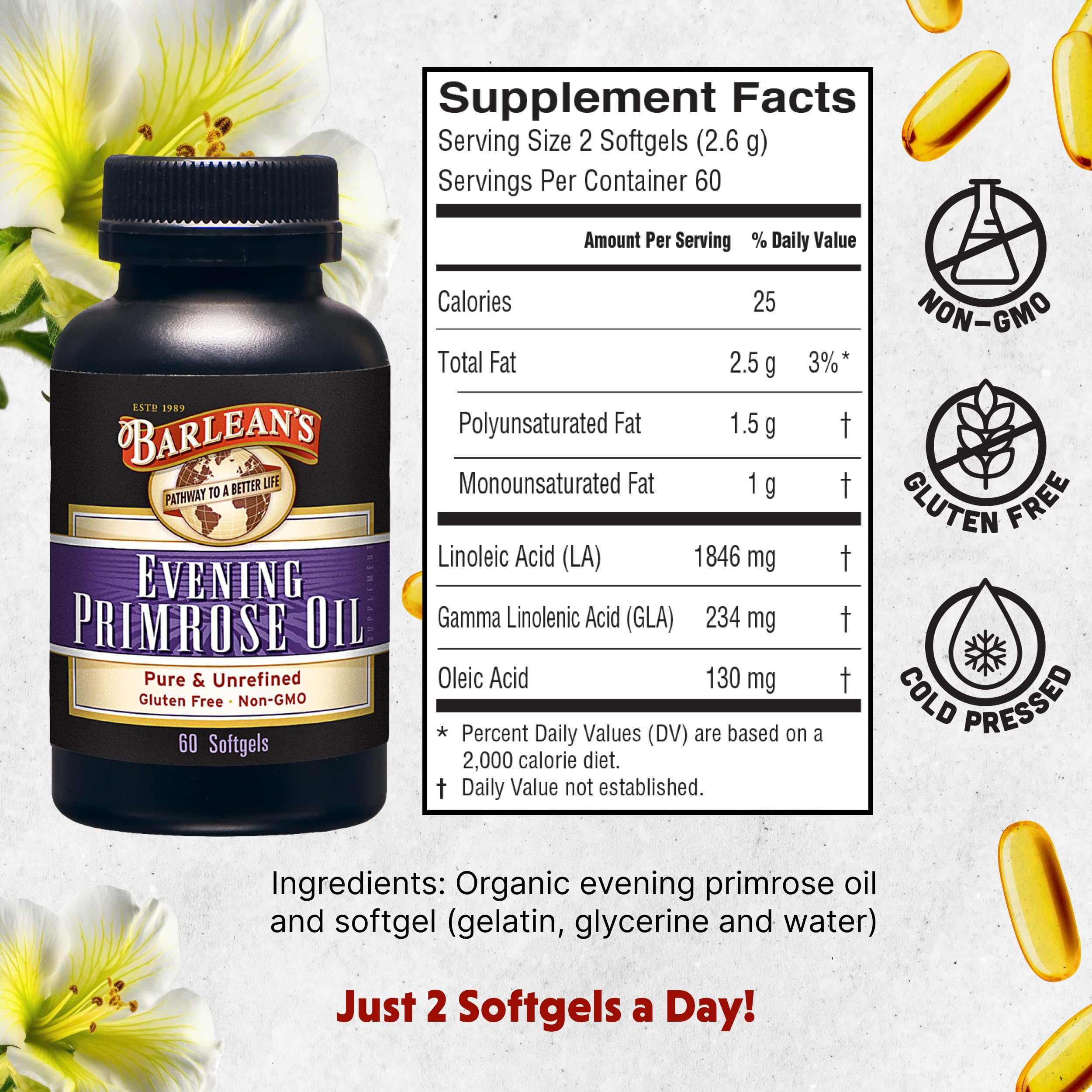 Barlean's Evening Primrose Oil Capsules, GLA Supplement for Men and Women, Healthy Skin, Immune Support and Bone Strength 1300mg Softgels, 120 Count