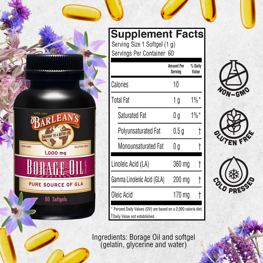 Barlean's Evening Primrose Oil Capsules, GLA Supplement for Men and Women, Healthy Skin, Immune Support and Bone Strength 1300mg Softgels, 120 Count